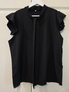 Black Ruffled Sleeve Tie-Neck Women's Top
